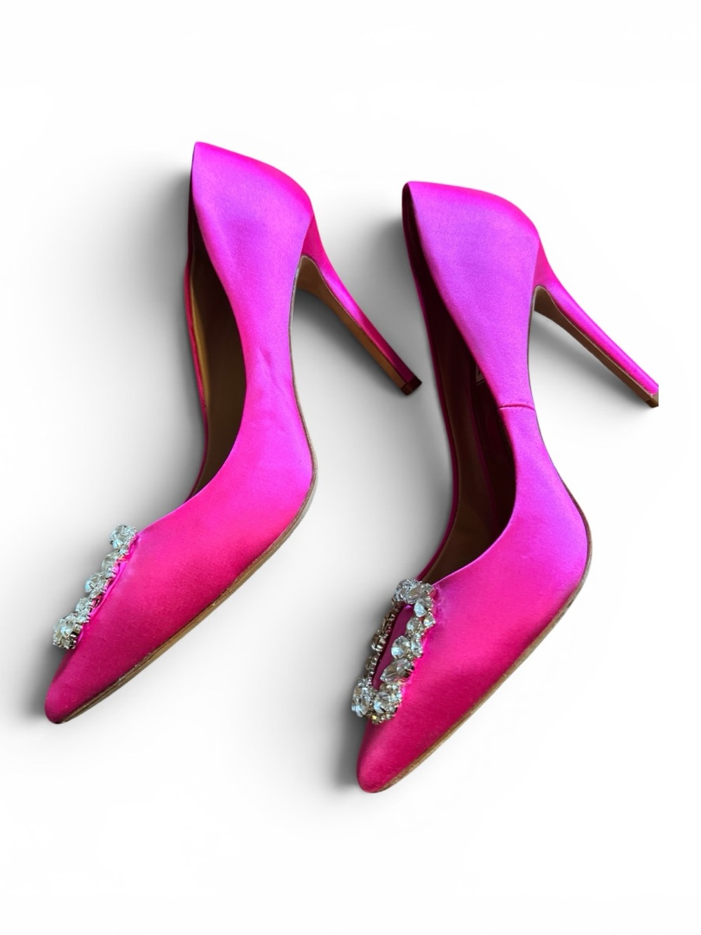 Badgley Mischka Fuchsia Satin Pointed-Toe Crystal Buckle Pumps - Picture 5 of 9